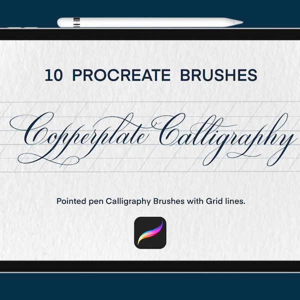 Copperplate calligraphy procreate brush, Pointed pen calligraphy brushes for procreate. 10 procreate brushes with Gridline stamp.