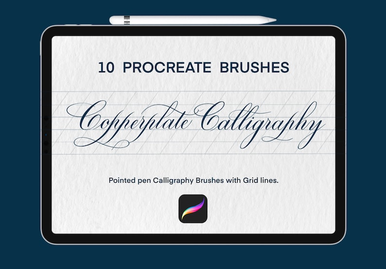 May include: A digital tablet screen displaying a Procreate app with 10 Copperplate Calligraphy brushes. The text "Copperplate Calligraphy" is written in a calligraphic style on a grid background. The text "Pointed pen Calligraphy Brushes with Grid lines." is below the calligraphy. The Procreate app logo is in the bottom center of the screen.