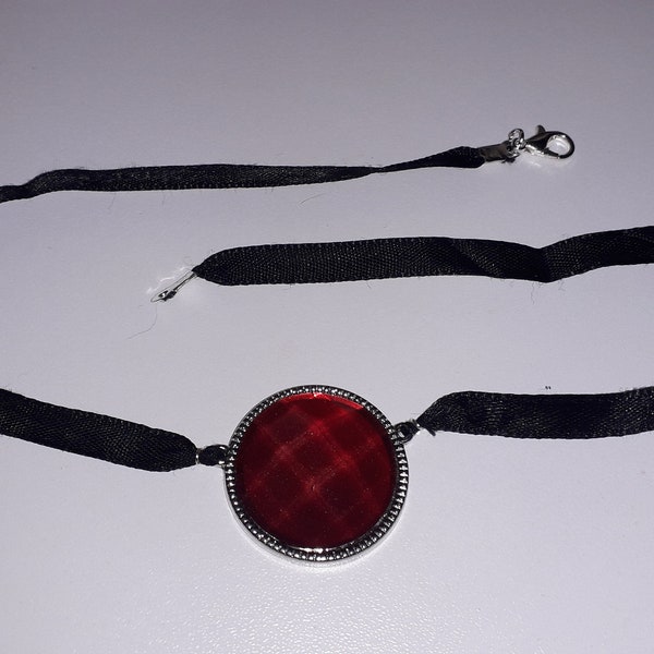 Dress choker with black ribbon and red faux jewel. silver clasps. Halloween