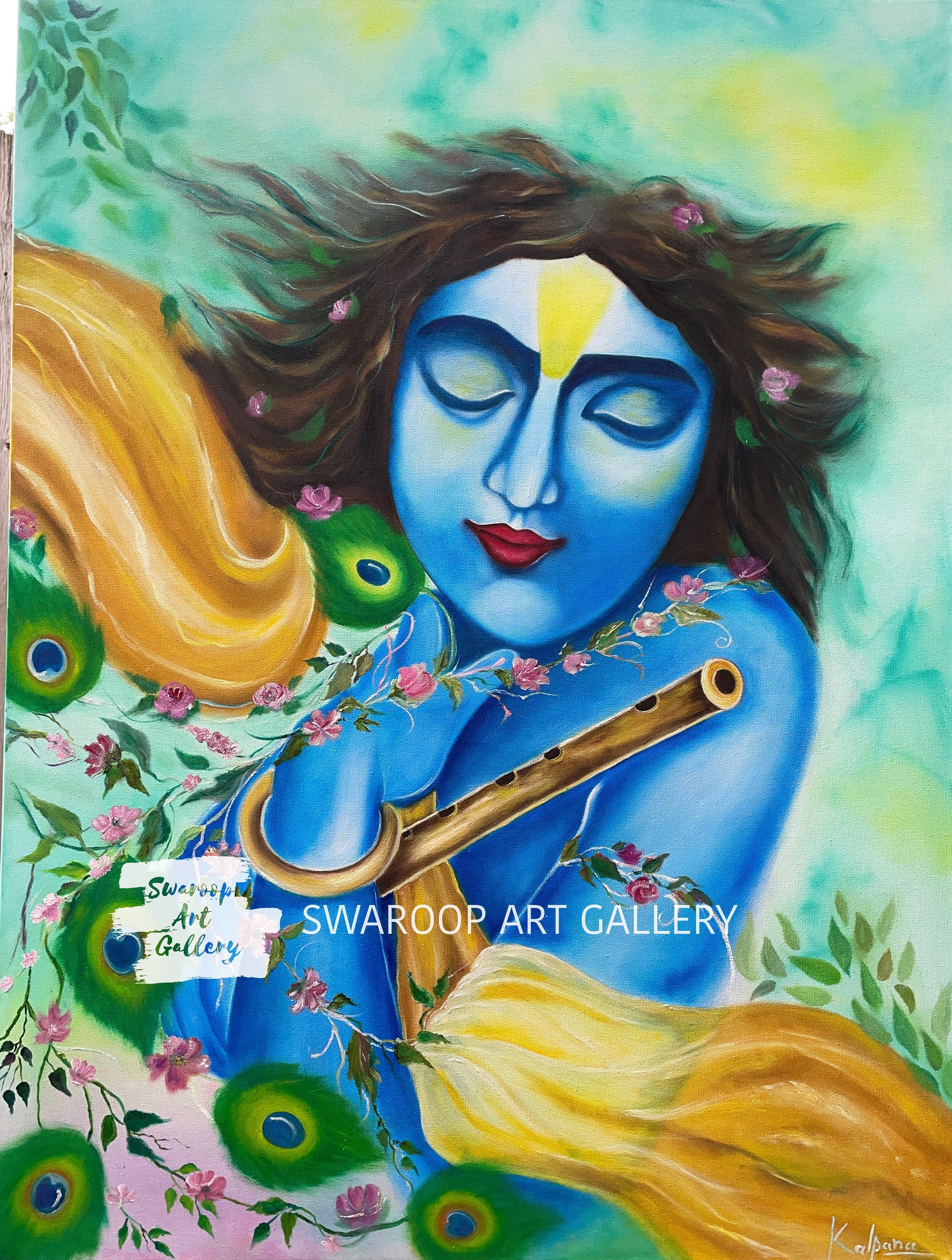 クリシュナ／ヒンドゥー：油彩 クリスタル装飾 कृष्ण, Kṛṣṇa ˈkr̩ʂɳə Handmade Krishna Oil Painting | Krishna Painting on Canvas