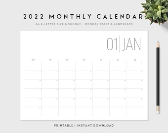 2022 Monthly Calendar Printable Template Horizontal | Sunday Monday Start | A4 Letter | Minimal 2022 Monthly Planner | Desk Calendar Monthly