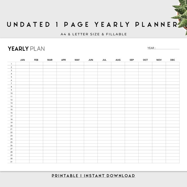 Undated Yearly Daily Calendar Printable Template Pages, Horizontal Minimal, A3 A4 A5, Letter Size, Editable PDF, Printable Daily Calendar