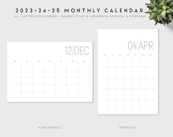 2023 2024 2025 Monthly Calendar Printable Template, Sunday Monday, A4 Letter, Minimal Vertical Horizontal Monthly Planner, Desk Calendar