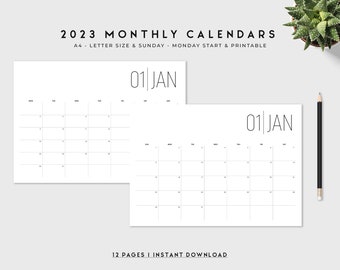 2023 Monthly Calendar Printable Template Horizontal | Sunday Monday Start | A4 Letter | Minimal 2023 Monthly Planner | Desk Calendar Monthly