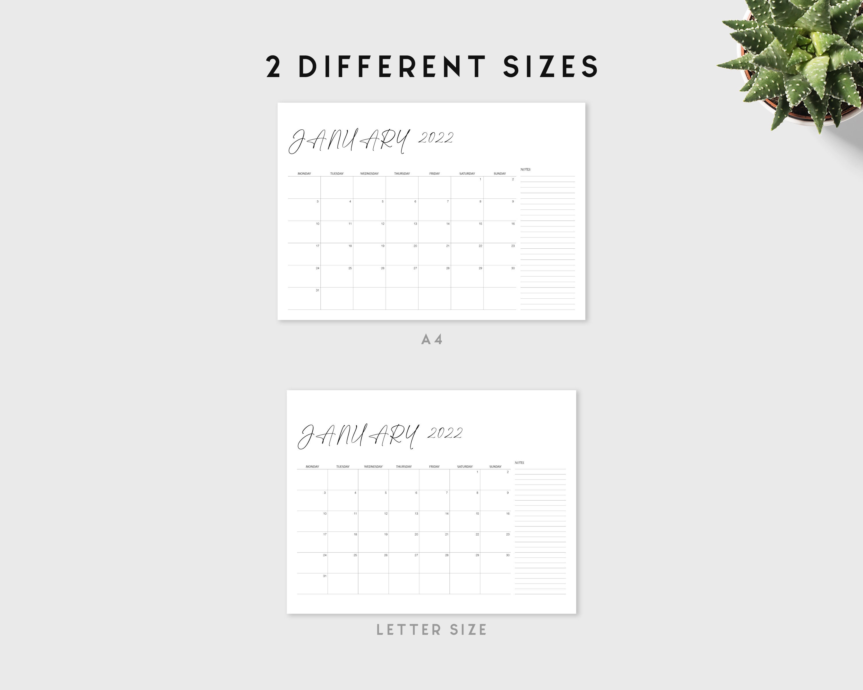 2022 monthly calendar printable template with notes section horizontal