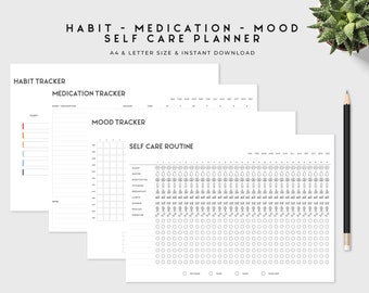 Habit - Medication - Mood - Self Care Printable Planner, Printable Life Planner, A4 & Letter Size Instant Download Life Planner