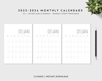 2022 2023 2024 Monthly Calendar Printable Template, Sunday Monday, A4 Letter, Minimal 2022 2023 2024 Monthly Planner, Desk Calendar Monthly