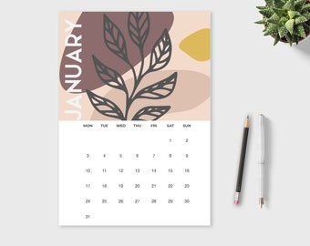 Boho Abstract Modern Minimal 2022 Calendrier mensuel imprimable | Début dimanche et lundi | A4 - Lettre | Calendrier de bureau 2022 mensuel