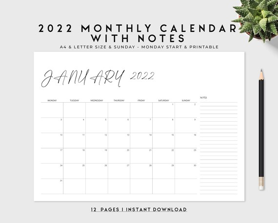 2022 Monthly Calendar Printable Template With Notes Section Horizontal  Landscape Calligraphy 2022 Monthly Planner Desk Calendar A4 - Etsy
