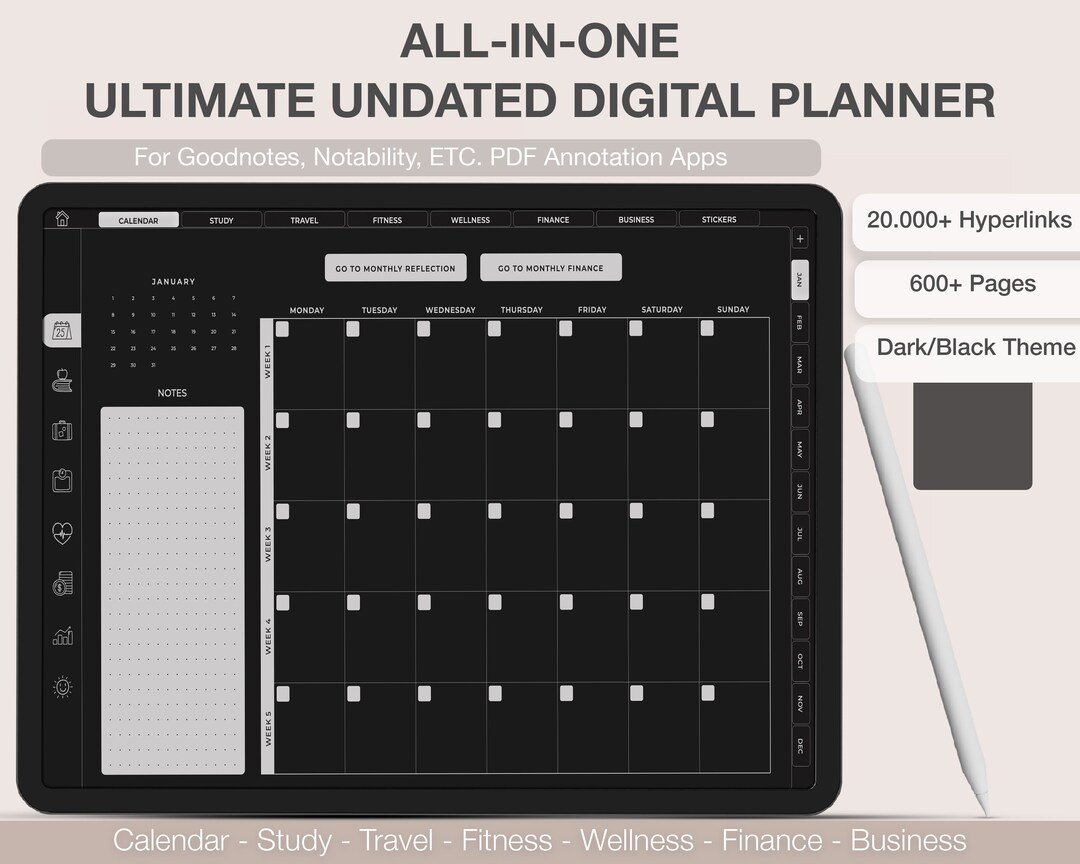 Dark Mode All-in-one Digital Planner Undated, Goodnotes and Notability ...