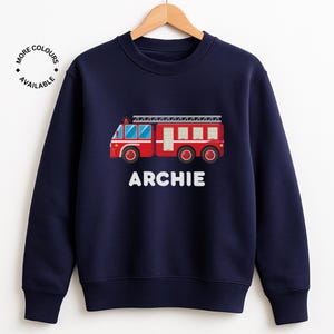 Kids Fire Engine Sweatshirt, Personalised Fire Truck Shirt, Boys Ages 5-11, Son/Grandson/Nephew Birthday Gift, Fire Truck Clothing