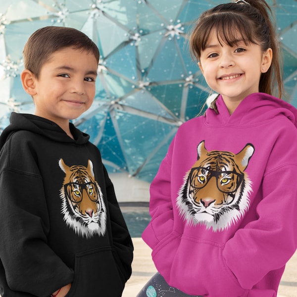 Kids Unisex  3 - 13 yrs Intelligent Tiger Pullover Hoodie, Kids Tiger Shirt, Funny Tiger, Tiger Hoodie, Big Cats, Tiger Gifts,  Bengal Tiger