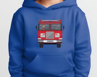 Kids Personalised Fire Engine Hoodie, 3 - 11 yrs, Boys Fire Truck Shirt, Fire Engine Gift, Boys Birthday Top, Fireman Gifts
