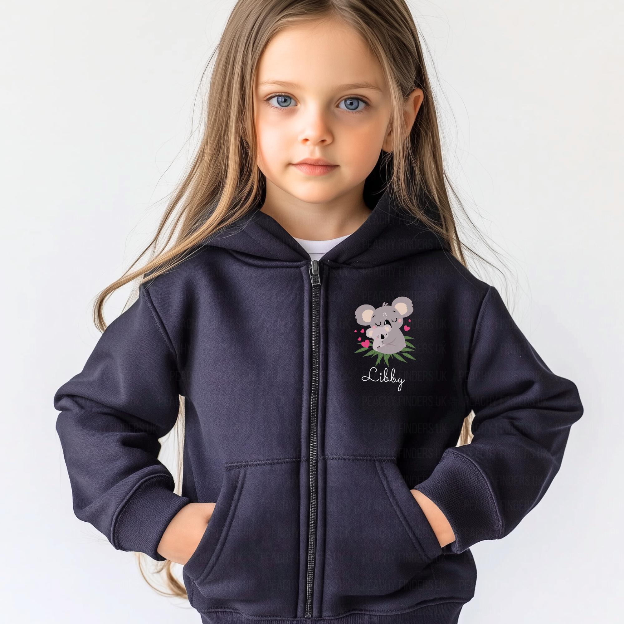 Girls Personalised Koala Full Zip Hoodie, Koala Jacket, 3-13 yrs, Custom Name Koala Hoodie, Koala Gift, Kids Jacket, Girls Koala Clothing