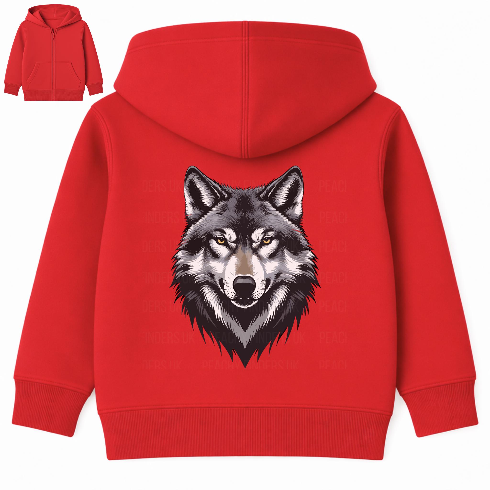 Kids Wolf Zip Hoodie Back Print: Boys & Girls Wolf Gift (3-13 Yrs