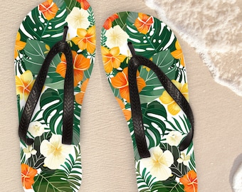 Adults Floral Tropical Flip Flops, Women's Thong Sandals, Botanical Gift, Plant Lady, Birthday Gifts, Pool Shoes, Floral Pattern Sandals