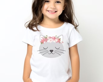 Kids Floral Cat T-shirt, Girls Cute Cat Shirt, Cat Lover Shirt, Cat with Flowers, Cat Birthday Gift, Kids Cat T-shirt, 3 - 13 years