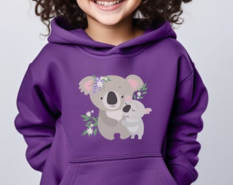 Kids Koala Pullover Hoodie, Girls Mum & Baby Koala Animal Hooded Sweatshirt, Koala Gifts for Children, Aussie Koala Bear, 3 - 13 yrs