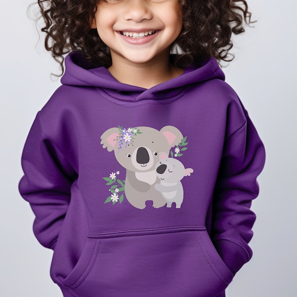 Kids Koala Pullover Hoodie, Girls Mum & Baby Koala Animal Hooded Sweatshirt, Koala Gifts for Children, Aussie Koala Bear, 3 - 13 yrs