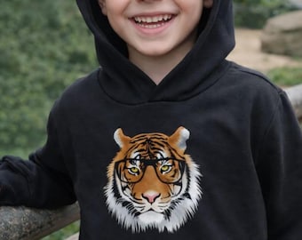 Kids Tiger Hoodie with Glasses: Fun Animal Print Sweatshirt - Ages 3-13
