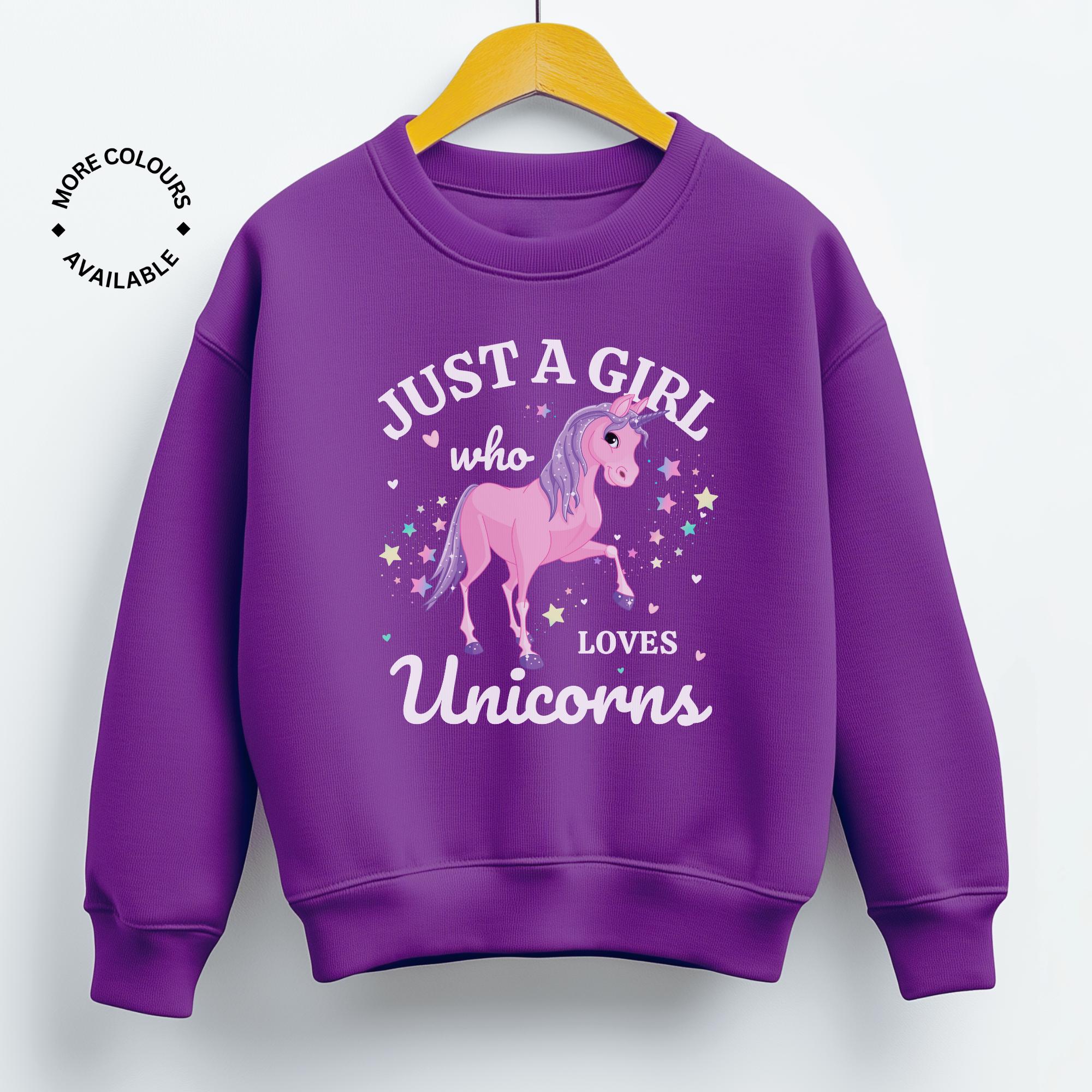 Just A Girl Who Loves Unicorns Sweatshirt, 3 - 13 yrs, Girls Unicorn Shirt, Kids Unicorn Clothing, Unicorn Lover Gift