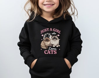 Sweat à capuche Just a Girl who loves cats, sweat à capuche chat pour filles, 3-13 ans, cadeaux chat pour enfants, chemise en chiffon et chat persan, cadeau pour propriétaire d'animal de compagnie