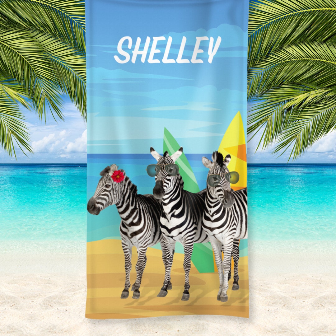Funny Zebra's at the Beach Towel, Custom Name Towels, Kids Holiday Pool