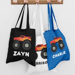 Kids Monster Truck Tote Bag, Boy Birthday Gift, Book Bag, Beach Bag, Gift for Son, Grandson, Nephew, Personalised Tote Bag