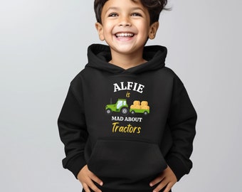 Sweat à capuche personnalisé pour enfants 'Mad About Tractors', 3 à 11 ans, Chemise de tracteur pour garçons, Cadeau de tracteur pour enfants, Haut pour garçons, Sweat à capuche pour tracteur pour garçons, Diggers