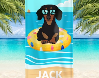 Kids Funny Dachshund Personalised Beach Towel, Dachshund Gifts, Custom Name Towel, Pool Towel, Wiener, Dog Lover Gift, Holiday, Summer Vacay