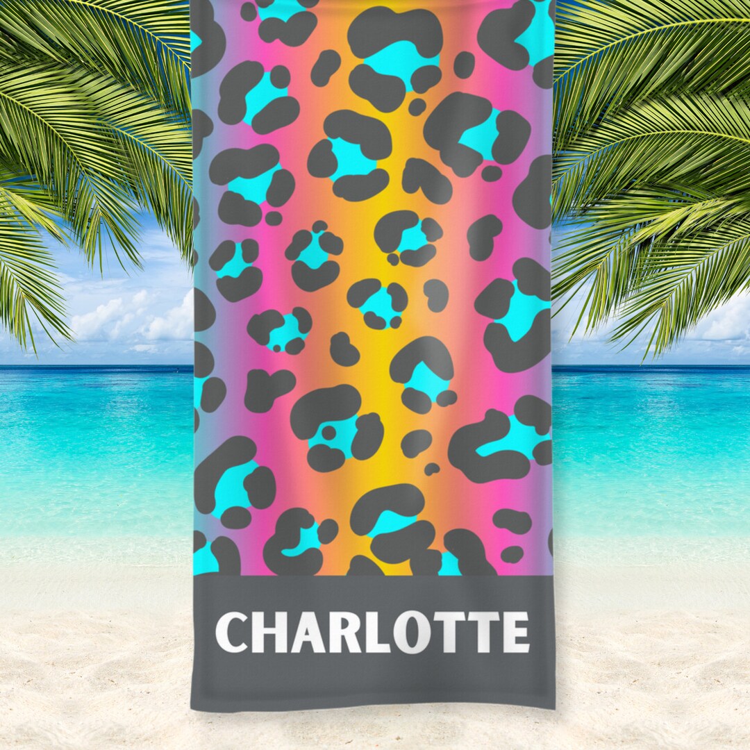 Neon Leopard Print Beach Towel, Personalised Towels, Girls Beach Towels