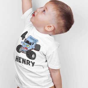 キッズバースデーモンスタートラックTシャツ、パーソナライズモンスタートラックシャツ、モンスタートラックギフト、男の子用トラックバースデーシャツ、サイズ3～9歳
