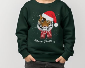 Kids Festive Tiger Christmas Sweatshirt, Tiger Pullover, Christmas Jumpers Kids, Christmas Tiger Jumper, Kids Tiger Shirt, 3 - 13 yrs