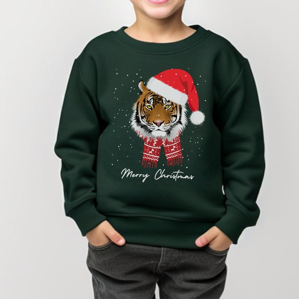 Kids Festive Tiger Christmas Sweatshirt, Tiger Pullover, Christmas Jumpers Kids, Christmas Tiger Jumper, Kids Tiger Shirt, 3 - 13 yrs