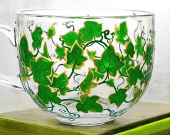 Taza de cristal pintada a mano con hojas de hiedra, 500 ml (17 oz) para café o té