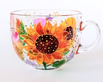 Hand Painted Sunflower Glass Mug: Personalized Floral Gift