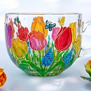Personalized Christmas Gift, Tulips Hand Painted Mug, Glassware, Spring Flowers Cup, Art Gift, Florist Painted Mug