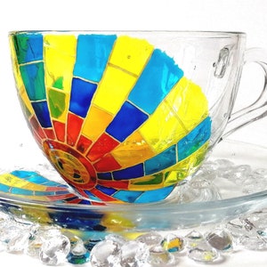 Mosaic Sunrise Tea Cup: Hand Painted Sun Art Suncatcher