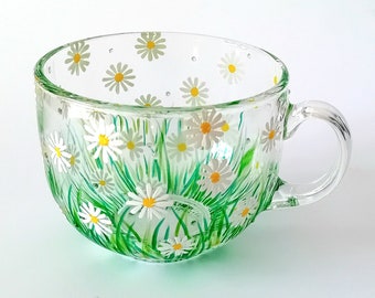 Hand Painted Daisy Glass Mug: Floral Coffee Cup, 500ml