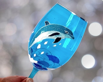 Hand-Painted Dolphin Wine Glass: Beach Barware, Summer Cocktail Glass