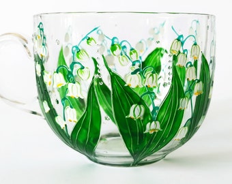 Hand Painted Lily of the Valley Glass Mug - Personalized Floral Gift