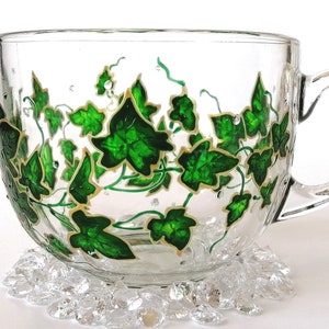 Unique Gifts Floral Big Green Mug Nature Lover Gift Green Leaves Glass Mug Gardening Mug Painted Glass Coffee Tea Mug