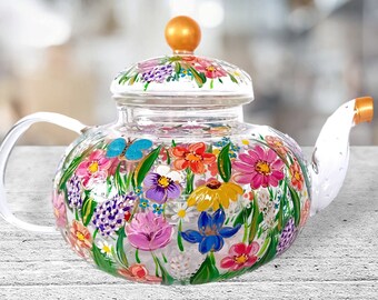 Juego de tetera de vidrio pintado a mano con flores de colores, regalo para el Día de la Madre