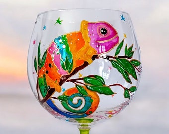 Personalized Hand Painted Chameleon Gin Balloon Glass: Gift for Gin Lovers
