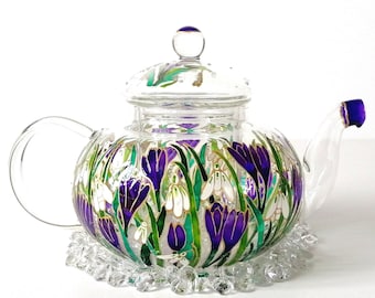 Tetera de vidrio con flores pintadas a mano e infusor: Tetera personalizada
