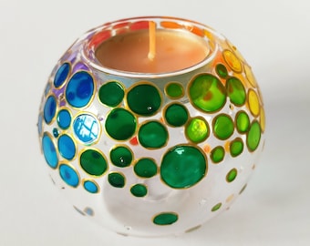 Hand Painted Rainbow Glass Tealight Holder: Unique Candle Holder