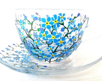 Personalized Forget-Me-Not Teacup Set: Custom Glassware Gift