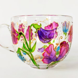 Sweet Pea, Mom Personalized Gift, Floral Mug, Botanical Gift, Tea Mug, Custom Mug, Glass Coffee Mug, Large Coffee Mug, Hand Painted