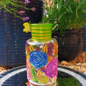 Hand Painted Glass Vase, Decanter, Carafe with Floral Design, Quirky and Unique, Ideal Gift