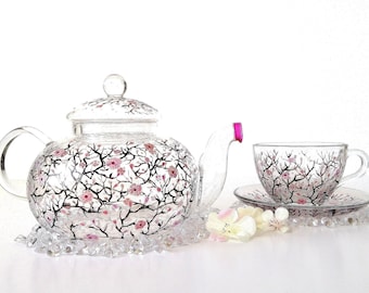 Hand Painted Glass Teapot Set: Cherry Blossom Tea Cup and Saucer